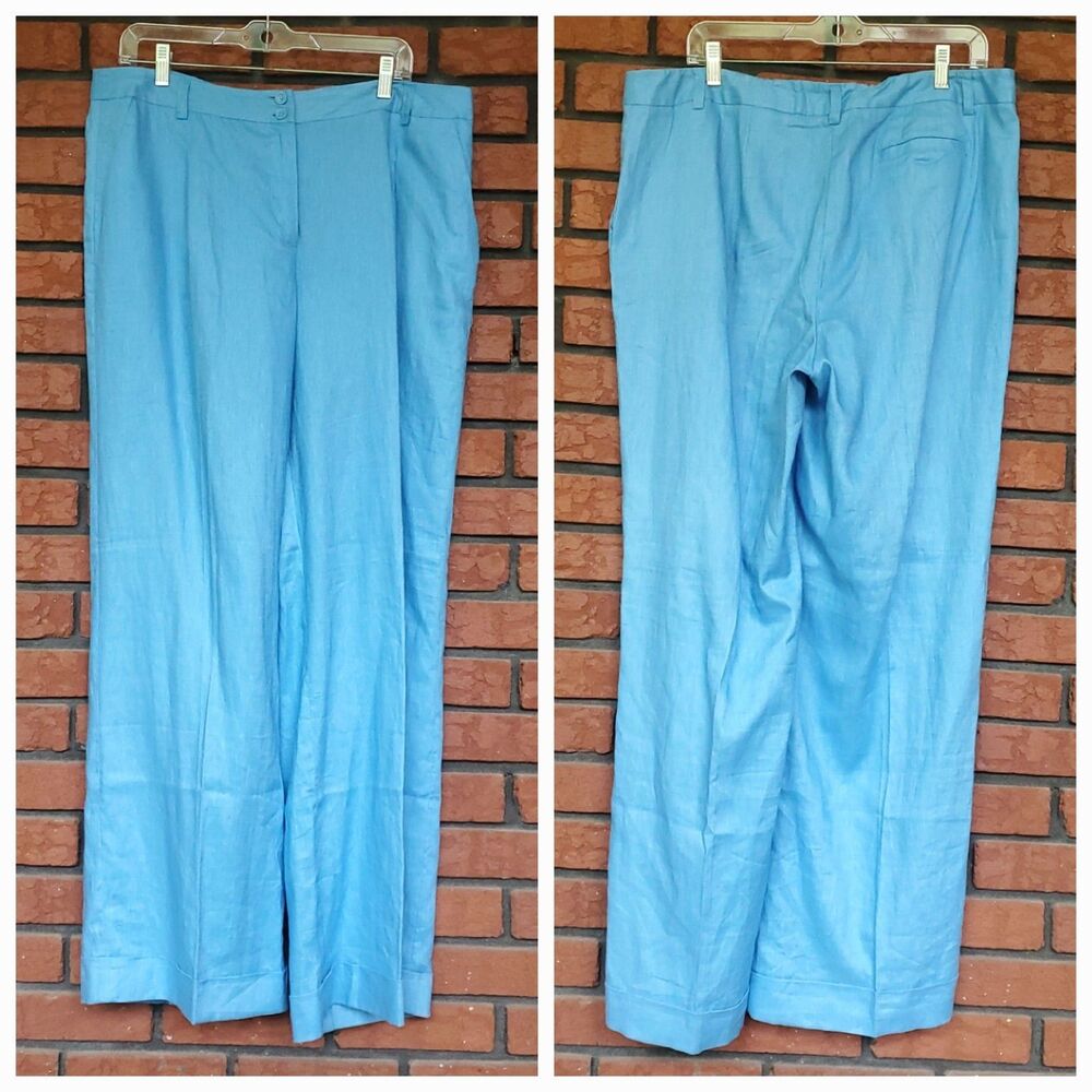 NEW Coldwater Creek Linen Trousers Womens 16 Blue Willow Fit Pants 35 x 32 - Picture 1 of 11